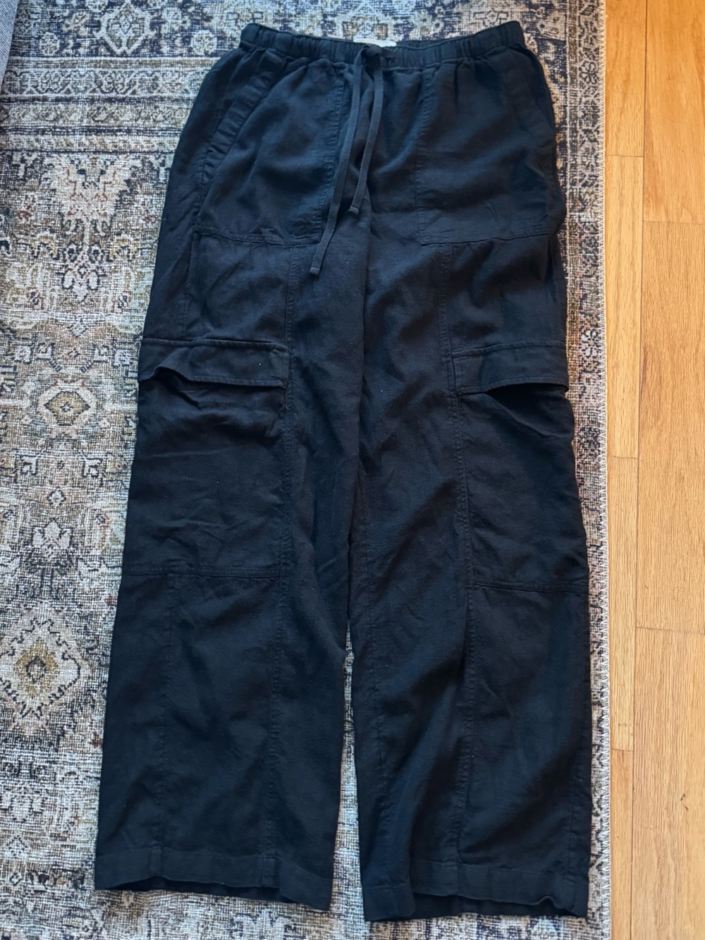 Abercrombie & Fitch Black Cargo Pants with Drawstring Linen LONG